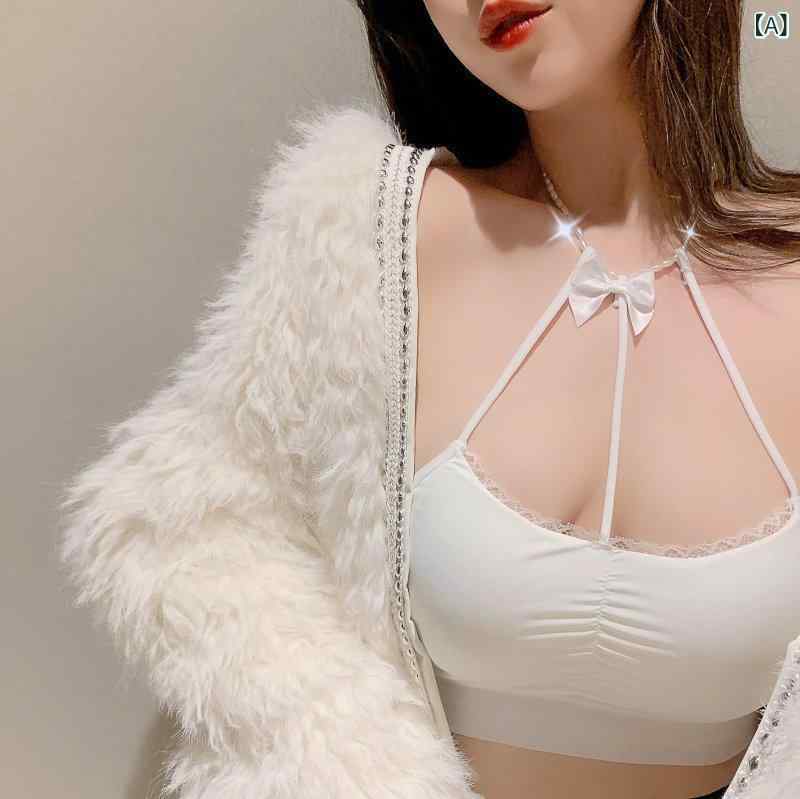 ブラトップ レディース ホルターネック パールネックレス リボン レース バックデザイン キャミソール ..