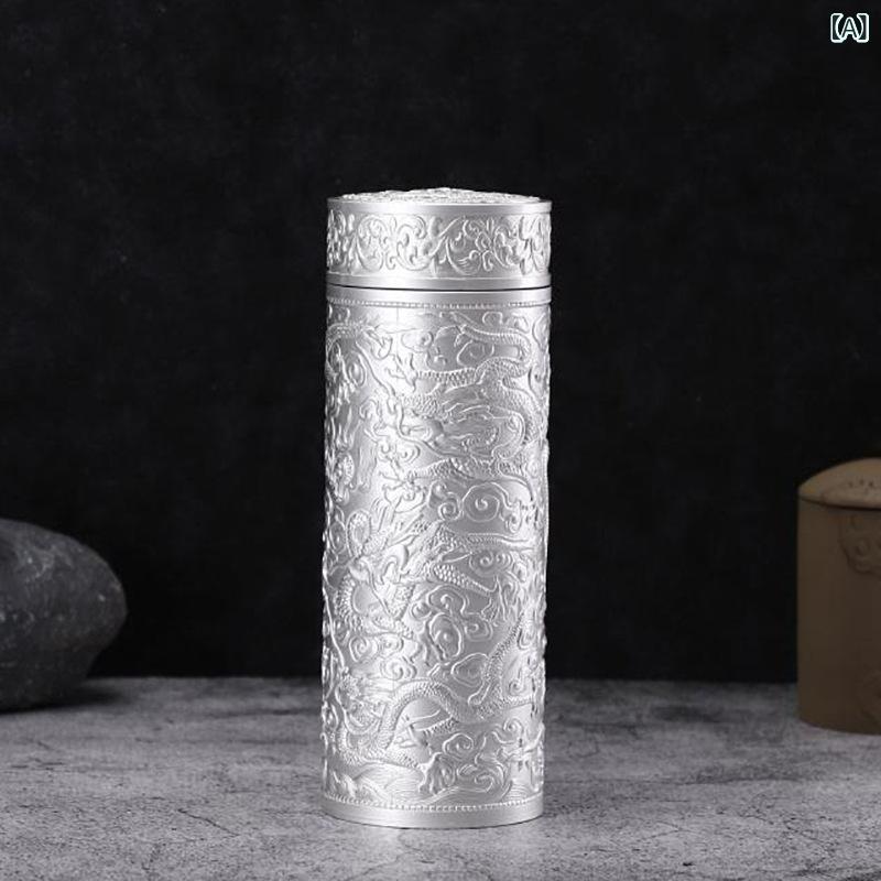 保温タンブラー 九龍 百福 龍柄 シルバー ステンレス製 真空断熱 マグボトル 保冷 水筒 オフィス 普段..