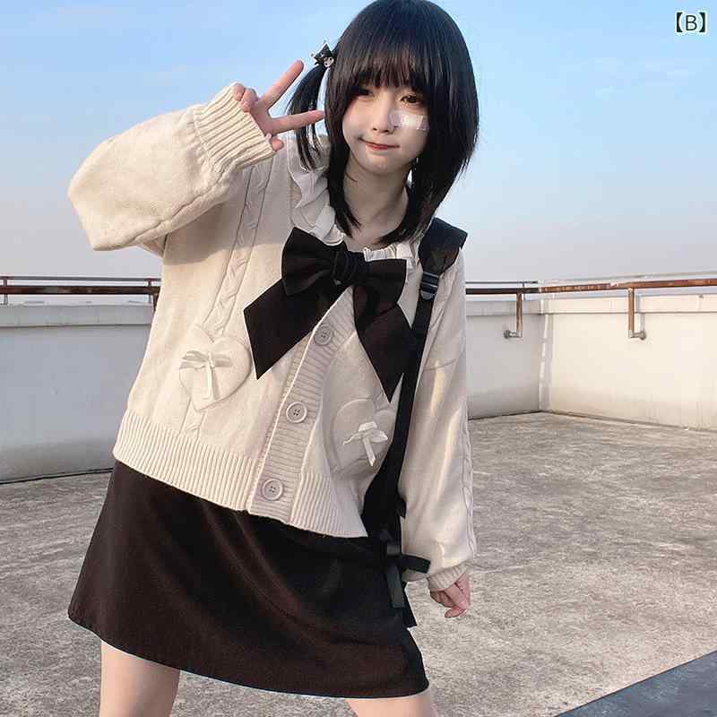 ニットカーディガン レディース スクール風 JK制服 立体蝶 ショート丈 Vネック 長袖 ゆったり 春秋 フェミニン カジュアル 混紡素材 ボタン開き(x2) 2