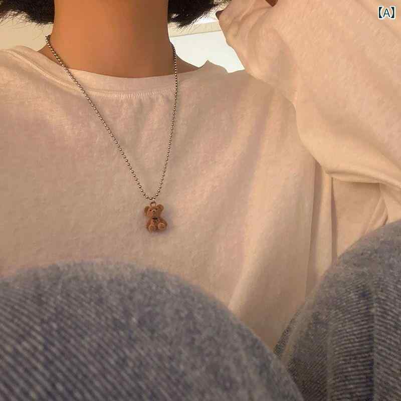 ネックレス 男女兼用 ペア ぬいぐるみ クマ ペンダント 丸玉チェーン 鎖骨チェーン 合金 電気メッキ加..