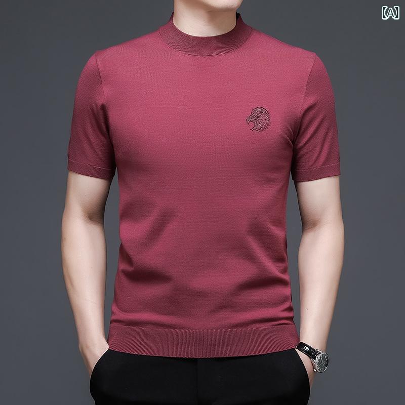 Rakuten - Tシャツ メンズ 春秋 ニット 半袖 モックネック トップス 無地 韓国風 カジュアル ゆったり 薄手 通気性 インナー 普段使い デイリーユース アクリル素材