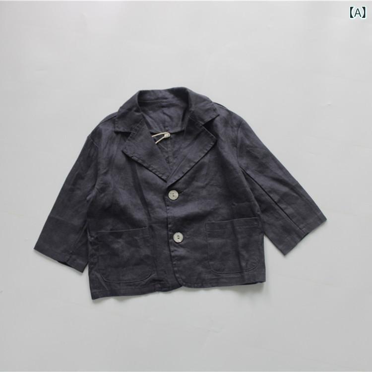 子供 アウター キッズ 男の子 女の子 ジャケット 韓国風 無地 麻 リネン ゆったり Vネック シングルブレスト 七分袖 ショート丈 柔らかな肌触り 春夏秋