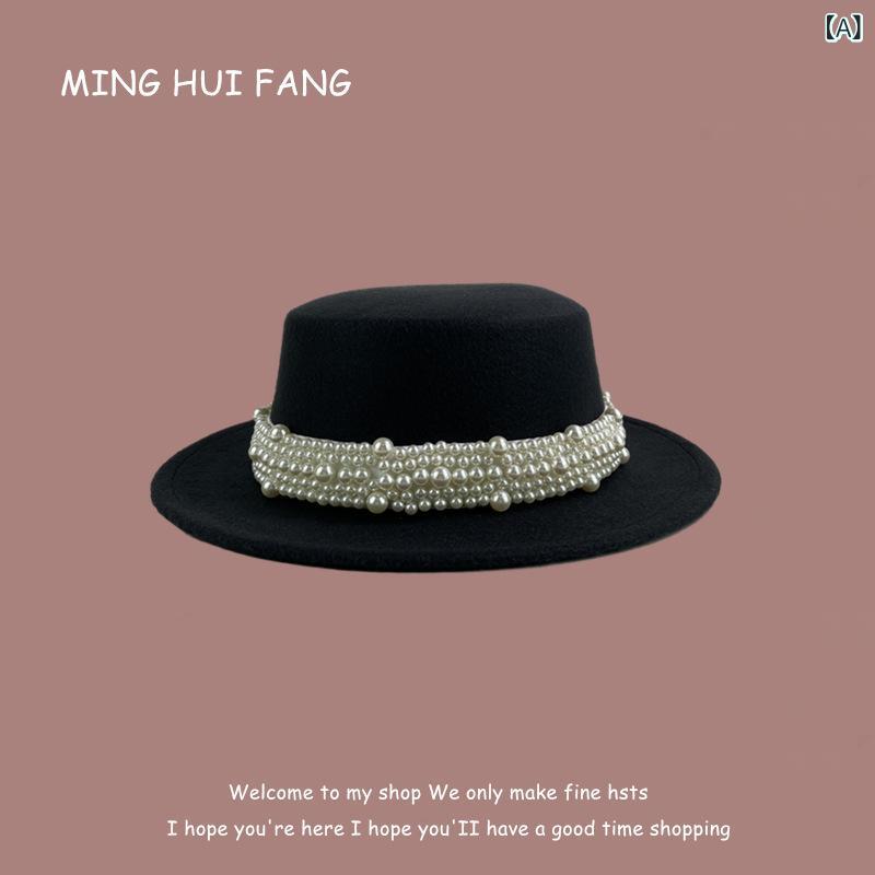 ハット レディース フレンチ レトロ クラシック パールバンド 上品 エレガント 平つば フェルト ウール..