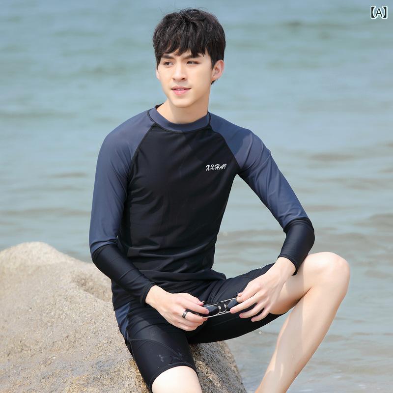 水着 メンズ セパレート 長袖 ラッシュガード 5分丈 ハーフパンツ UVカット 日焼け防止 体型カバー 露出控えめ ビーチ プール フィットネス マリンスポーツ ナイロン ブラック ブルー(x2)