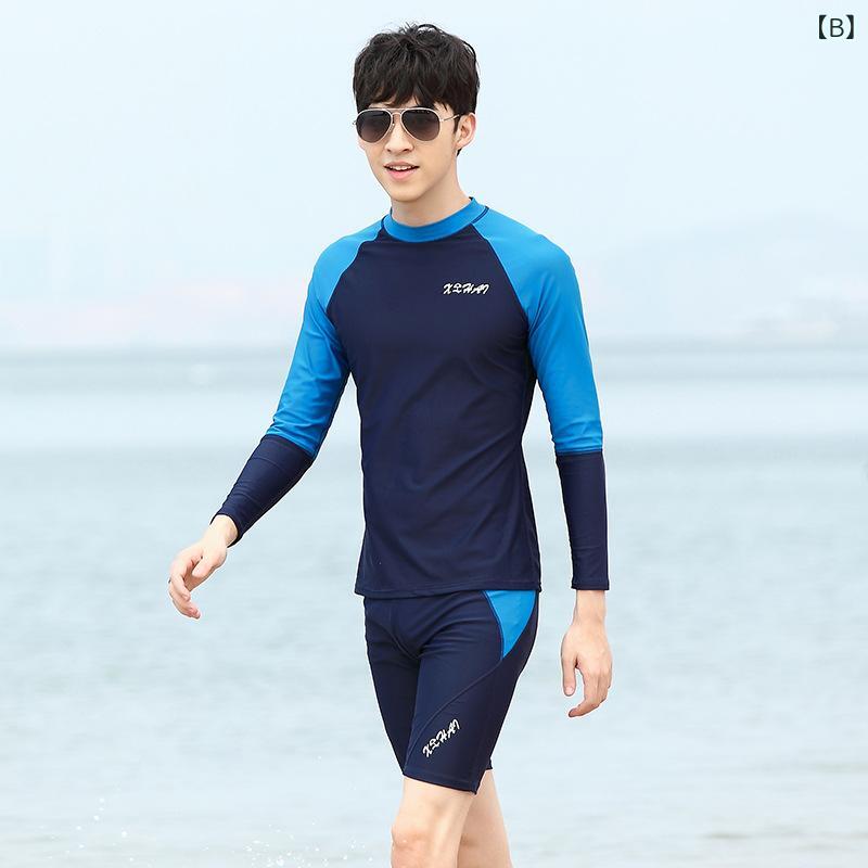 水着 メンズ セパレート 長袖 ラッシュガード 5分丈 ハーフパンツ UVカット 日焼け防止 体型カバー 露出控えめ ビーチ プール フィットネス マリンスポーツ ナイロン ブラック ブルー(x2)