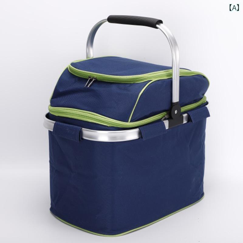保温保冷バッグ 屋外 ピクニック ランチ お弁当 運動会 キャンプ 手提げ バスケット型 クーラーボックス 大容量 オックスフォード生地 エコバッグ(x2)
