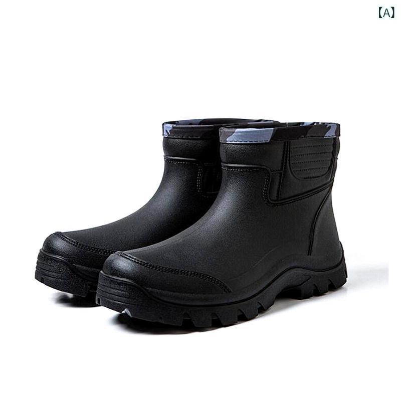 レインブーツ メンズ ショート丈 スリッポン 防水シューズ 厚底 長靴 PVC ゴム素材 耐摩耗性 洗車 釣り..