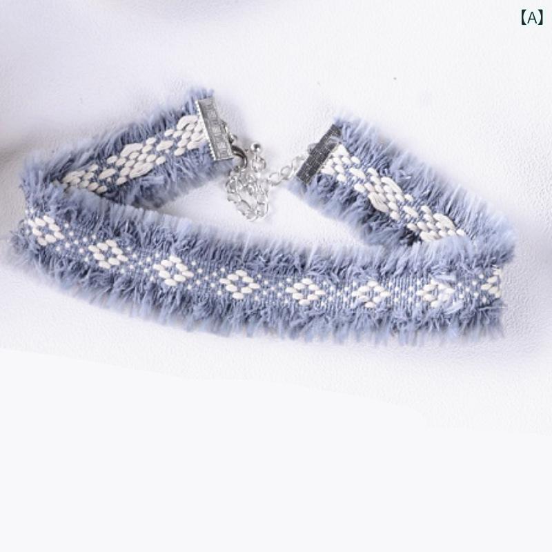 ネックレス レディース 欧米風 ボヘミアン 民族風 エスニック レトロ ヴィンテージ チョーカー ショートネックレス 起毛素材 幾何学模様 秋冬 レッド ブラック ブルー