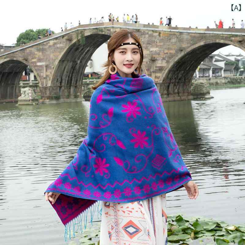 Other - ストール レディース タッチ フェイク 大判 正方形 花柄 エスニック 民族風 ジャガード織り 厚手 防寒 あったか フリンジ ショール マフラー 秋冬