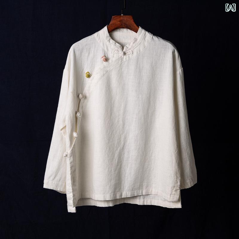 ブラウス レディース 新チャイナ風 スタンドカラー 偏襟 切り替え チャイナボタン コットン リネン 麻 長袖 ゆったり トップス レトロ アンティーク風 砂洗加工 秋
