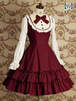 ワンピース レディース ロリータスタイル 学院風 長袖 ドレス フェイクツーピース 切り替え リボン 蝶結び 綿素材 スリムフィット 無地 上品 エレガント フェミニン 日常使い カジュアル