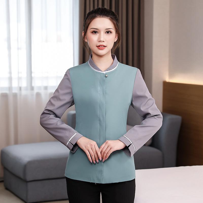 清掃 作業服 レディース 長袖 ホテル レストラン 施設管理 制服 ユニフォーム 秋冬用 防寒 綿 麻 ポリエステル グレー グリーン 紺(x2)
