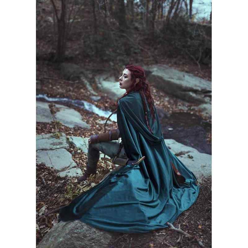 マント ユニセックス フード付き ケープ ポンチョ クリスマス 舞台衣装 ステージ衣装 民族衣装 コスプレ ハロウィン 防寒 保温 ピーコックグリーン ファンタジー 幻想的 欧米風 秋冬 ポリエステル(x2)