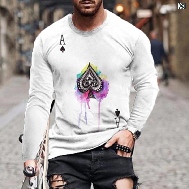 Tシャツ メンズ 男性用 長袖 クルーネック 丸首 ポリエステル ストレートシルエット 3Dデジタルプリント トランプ柄 ファッション カジュアル トップス ベーシック 定番 プルオーバー 大きいサイズ ビッグサイズ 通気性 吸湿速乾