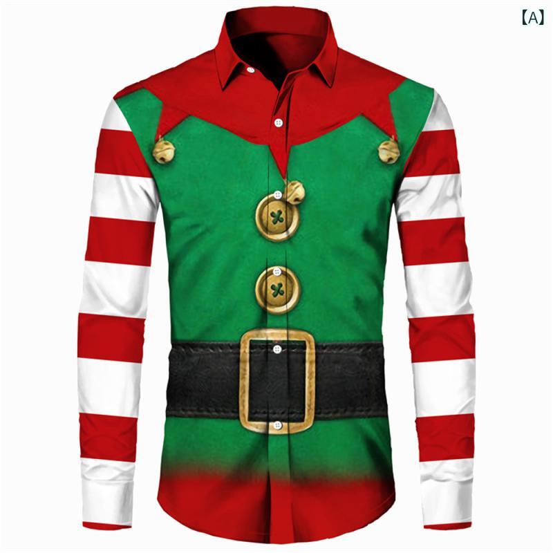 ・カテゴリ: シャツ・スタイル: ベーシック・主な素材: ポリエステル90%・生地の種類: 四面弾性生地・素材機能: 通気性・生地の密度: 80番手・ネックライン: 襟付き・袖丈: 長袖・シルエット: ルーズフィット・デザイン: 開襟シャツ・柄: ドット柄・加工技術: デジタルプリント・厚さ: 普通・対象: 大きいサイズ・対象年齢層: 成人・対象性別: 男性・着用シーン: 日常使い・着用シーズン: オールシーズン・カラー展開: クリスマス柄（複数色）・サイズ展開: S, M, L, XL, XXL, XXXL, 4XL, 5XL