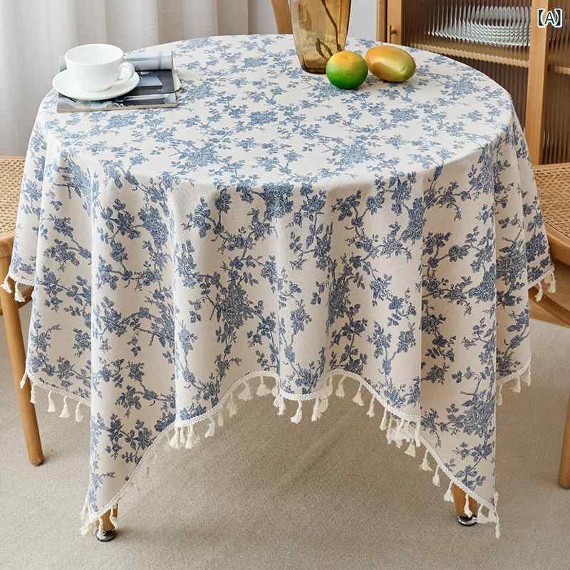 テーブルクロス アメリカンカントリー風 キャンバス フリンジ レトロ 高級感 円形 食卓用 ファブリック インテリア装飾 植物柄