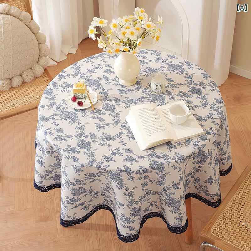 テーブルクロス ポリエステル 綿麻風 ブルー ローズ柄 150cm 丸型 レトロ アンティーク調 インスタ映え おしゃれ 防汚 撥水 洗える 耐熱 滑り止め