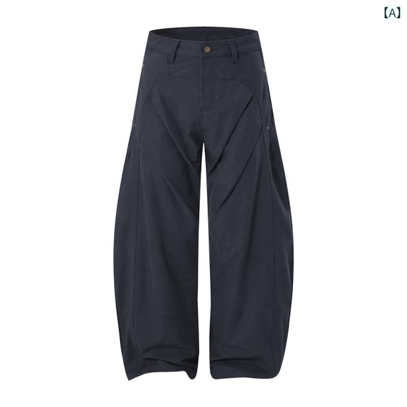 カジュアルパンツ メンズ アメカジ レトロ ワイド プリーツ 切り替え ゆったり ルーズフィット ストレート コットン ロング丈 デイリーユース ブラック カーキ(4.0)