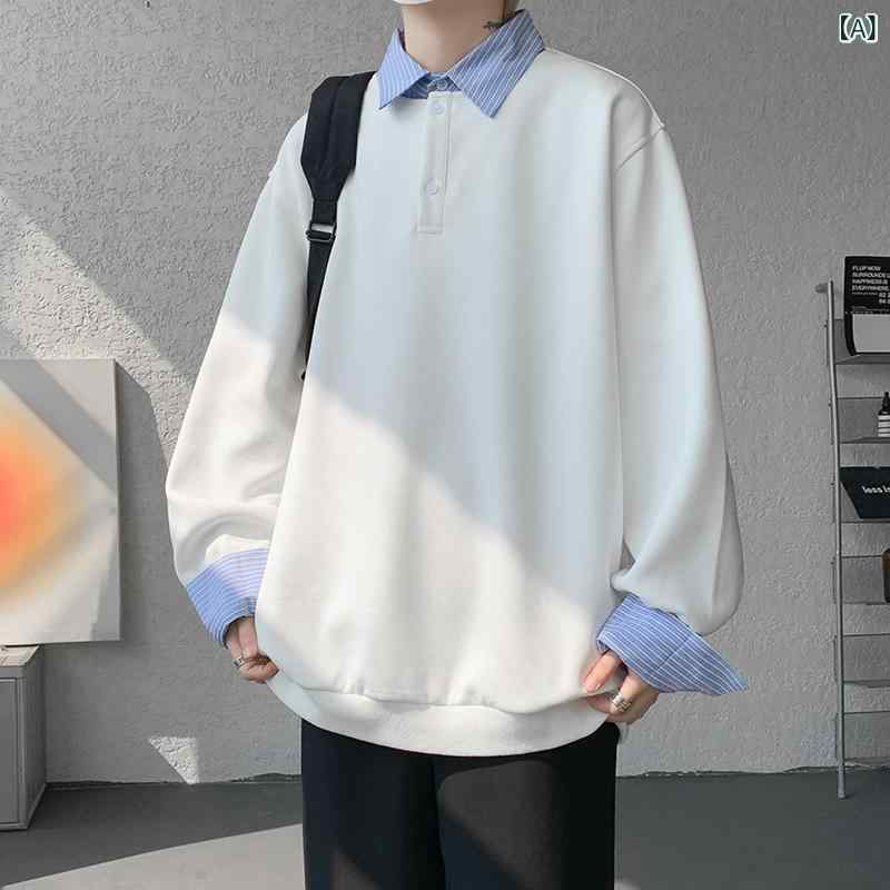 スウェット メンズ 春秋 襟付き フェイクレイヤード ストライプ ボーダー 切り替え プルオーバー 長袖 ..