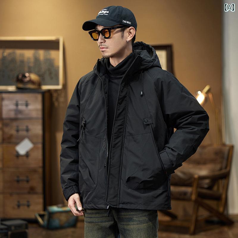 アウター メンズ スリーインワン 3way マウンテンパーカー ダウンジャケット ワークジャケット 厚手 取り外し可能インナー 撥水 防風 防汚 防寒 スタンドカラー フード付き ミドル丈 ポリエステル 秋冬 アウトドア 普段使い ブラック ブラウン 無