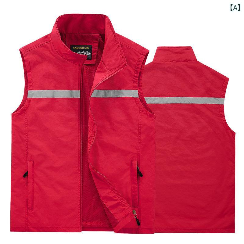 Fishing Vests - ベスト メンズ アウトドア 釣り 撮影 ボランティア ワークベスト ナイロン ファスナー 前開き フードなし ゆったり 多ポケット 春秋物