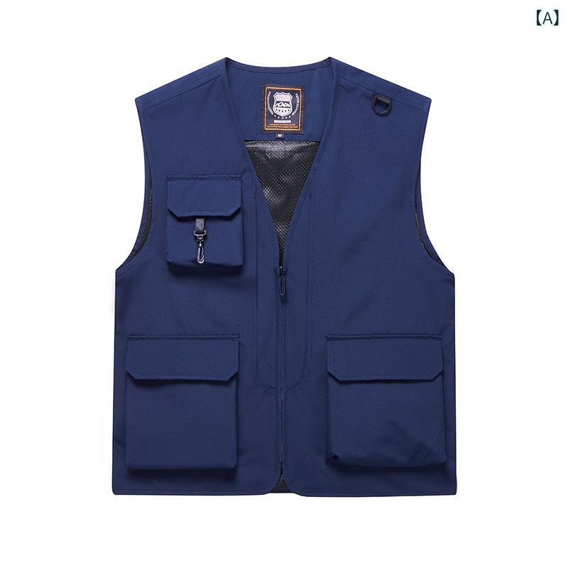 ベスト メンズ 刺繍 プリント ロゴ マルチポケット ワークベスト 作業着 アウトドア 登山 写真撮影 取..