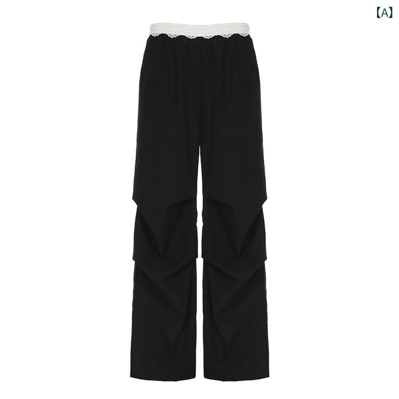 ワイドパンツ レディース 甘辛スタイル レース メッシュ ウエストゴム 刺繍 プリーツ ゆったり 薄手 伸縮性 ブラック ポリエステル ロング カジュアル ボトムス 秋 普段使い おしゃれ リラックス(4)