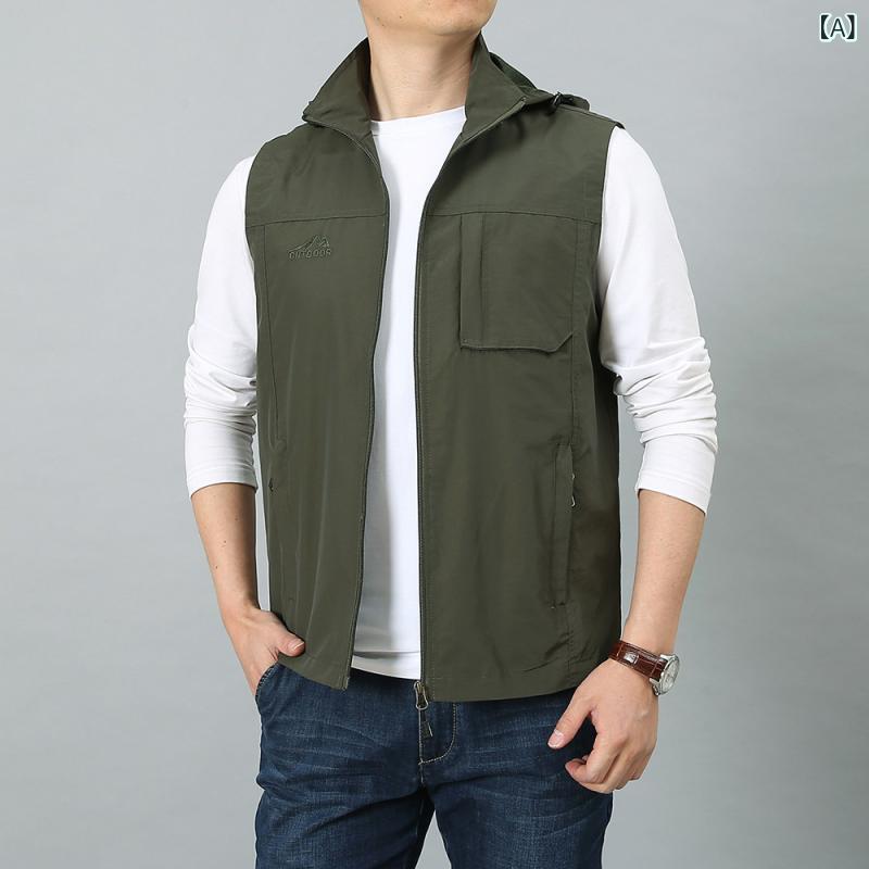 Vests - ベスト メンズ アウトドア ワーク ミリタリー 春秋 薄手 着脱式フード 吸汗速乾 ゆったり スタンドカラー マルチポケット ジップアップ 大きいサイズ ナイロン ポリエステル