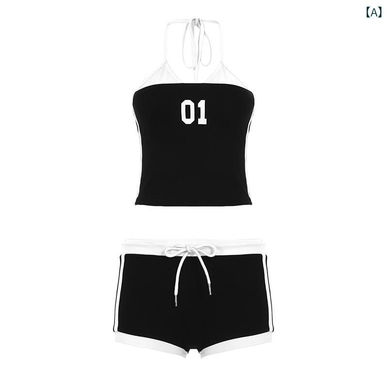 セットアップ レディース ホルターネック キャミソール ドロストショートパンツ セクシー ギャル風 ストリート 切り替え 配色 ナンバープリント スポーツ トレーニング ニット ポリエステル ストレッチ 夏
