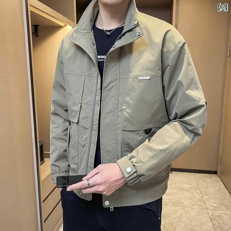 ジャケット メンズ 春秋 スタンドカラー トレンド カジュアル クール スタイリッシュ 薄手 スリムフィット 着回し ポリエステル 通気性 カーキ ブラック アウター トップス