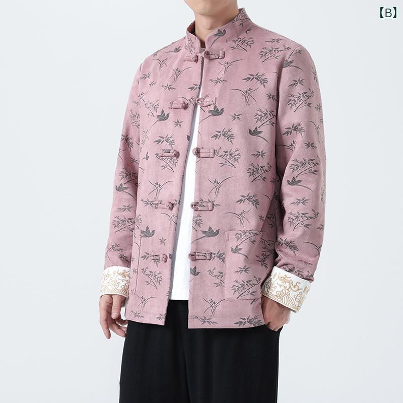 アウター メンズ 新中国風 中山服 唐装 スタンドカラー スエード調 薄手 長袖 刺繍 配色デザイン カジュアル 秋冬