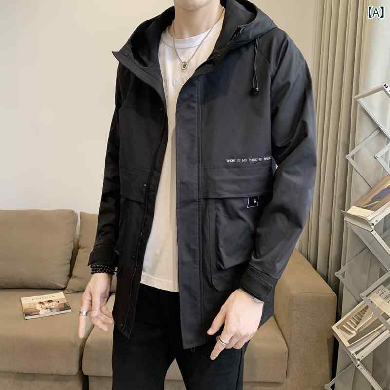 コート メンズ ミドル丈 フード付き スプリングコート ワーク カジュアル 細身シルエット 春秋 韓国風 ジップアップ ポリエステル 形態安定 普段使い 通勤 ブラック