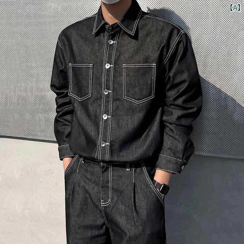 ジャケット メンズ デニム 春夏 韓国風 トレンド レトロ ヴィンテージ カジュアル ワーク ゆったり ビッグシルエット 襟付き 合わせやすい 着回し 綿 コットン ポリエステル ブラック 黒
