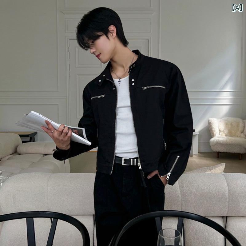 ジャケット メンズ ブルゾン 高級感 ショート丈 機能性 スタンドカラー ジップアップ ゆったり オーバーサイズ 韓国ファッション トレンド クール カジュアル 普段使い コットン ポリエステル スプリング