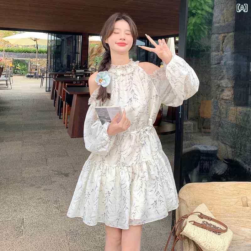 ワンピース レディース ホルターネック オフショルダー 小花柄 フリル UVカット 若見え 体型カバー Aライン ミニ丈 リゾート バカンス 長袖 ランタンスリーブ 夏 白