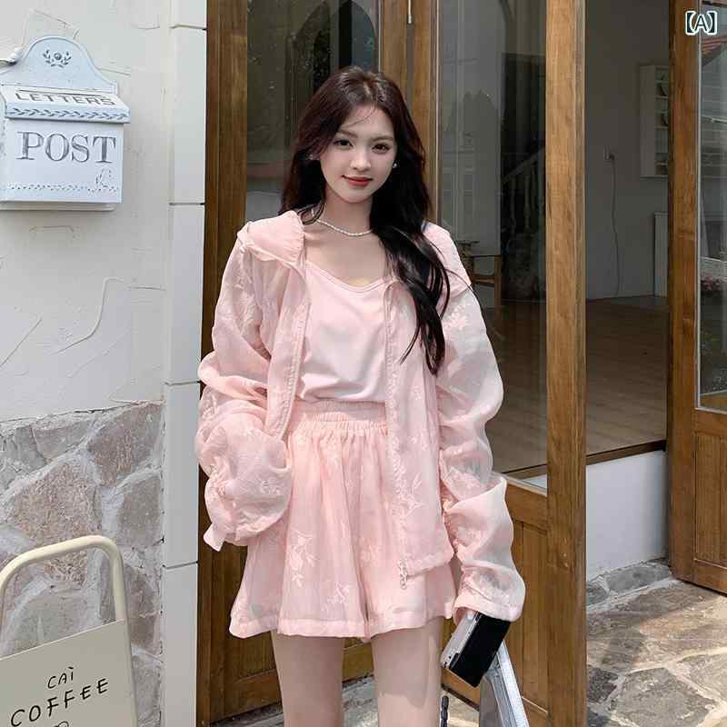 セットアップ レディース ピンク 体型カバー UVカット ポリエステル 薄手 長袖 通気性抜群 ショートパ..