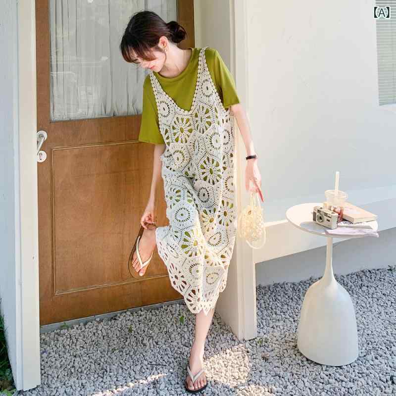 ワンピース レディース 重ね着 夏 クルーネック フレンチスリーブ Tシャツ ニットキャミソール セット..