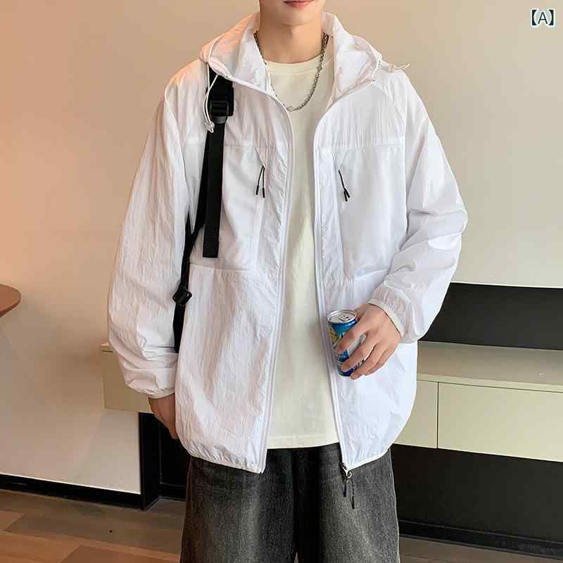 運動外衣 - ジャケット メンズ 学生 男性用 UVカットパーカー 薄手 軽量 フード付き ゆったり ルーズフィット 日焼け対策 紫外線対策 ナイロン スポーツ カジュアル 春夏 トレンド 羽織り