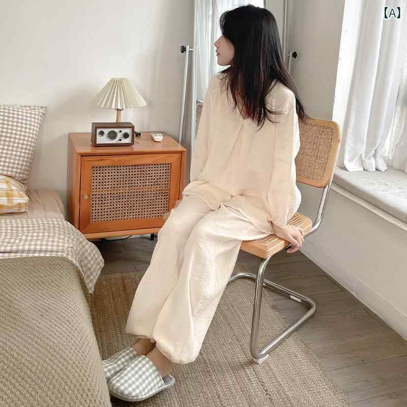 ルームウェア レディース 韓国ファッション インスタ風 ダブルガーゼ 綿 コットン Vネック 長袖 長ズボン パジャマ 寝巻き 肌触り 快適 吸湿通気 ゆったり おうち時間 中厚手 2点セット アプリコット ベージュ系 通年