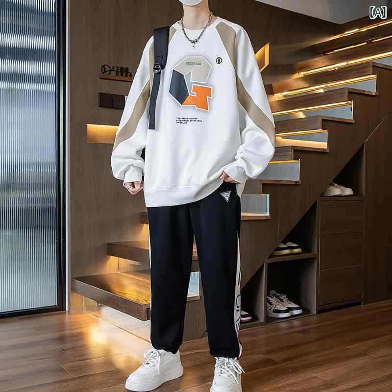 スポーツウェア 男の子 男児 ジュニア 中学生 学生 春秋 スウェット トレーナー 長袖 セットアップ ジャージ 上下セット ロングパンツ 綿混 コットンブレンド 普段着 通学 レジャー 快適