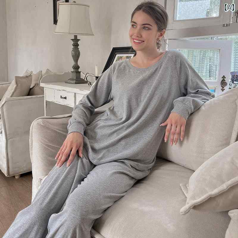 セットアップ レディース 無地 ゆったり 長袖 プルオーバー クルーネック トップス ウエストゴム ロングパンツ 2点セット カジュアル ルームウェア ワンマイルウェア 部屋着 シンプル 起毛素材 秋冬