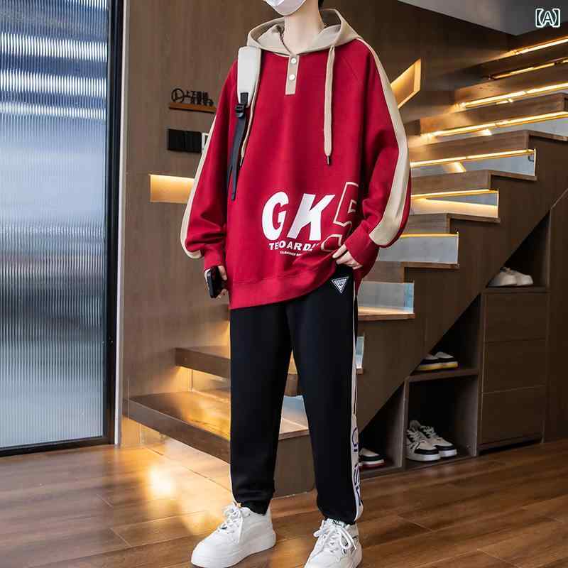 セットアップ 男の子 ジュニア メンズ パーカー スウェット 上下セット フード付き 長袖 ロングパンツ 韓国風 綿混 コットンブレンド 春秋 カジュアル 普段着