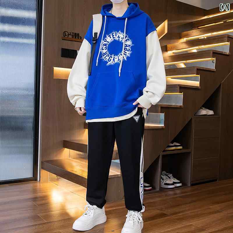 パーカー 男の子 中高生 ティーン フード付き フェイクレイヤード 重ね着風 ロングパンツ セットアップ 上下セット 綿混 コットンブレンド 春秋 カジュアル 韓国風