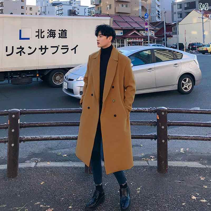 Rakuten - コート メンズ 男性用 韓国風 ドロップショルダー ダブルブレスト テーラードカラー ミドル丈 厚手 保温 防寒 メルトン ウール 高級感 通勤 カジュアル アウター 秋冬