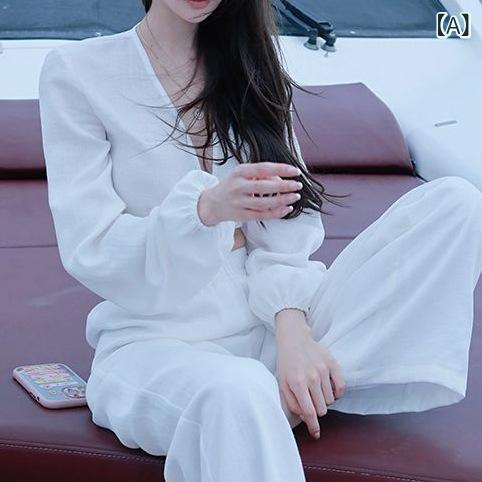 カジュアル セットアップ レディース 春秋冬 大人可愛い フェミニン Vネック 長袖 リボン ショートトップス ロングパンツ ポリエステル素材 着回し