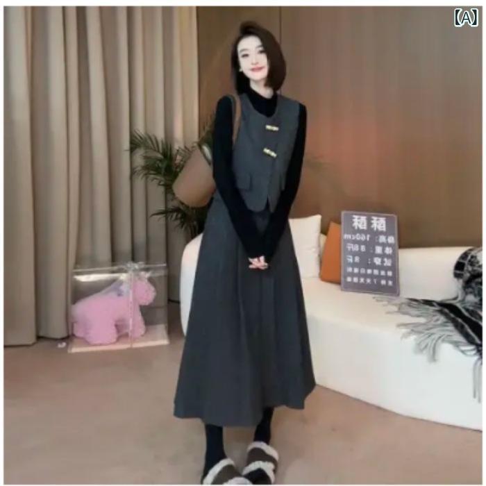 乐天商城 - セットアップ レディース プラスサイズ 女性用 韓国風 おしゃれな雰囲気 エレガント 個性的 着回し 秋冬 長袖 3点セット カジュアルスタイル ゆったり 体型カバー ポリエステル 切り替え グレー ブラウン