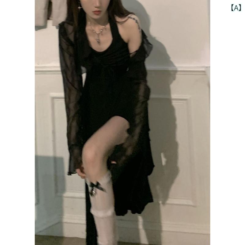 ワンピース レディース ホルターネック ブラック シフォン ロング丈 スリット 長袖 春秋 高級感 着痩せ スリムシルエット 韓国ファッション 無地 きれいめ お出かけ 切り替え