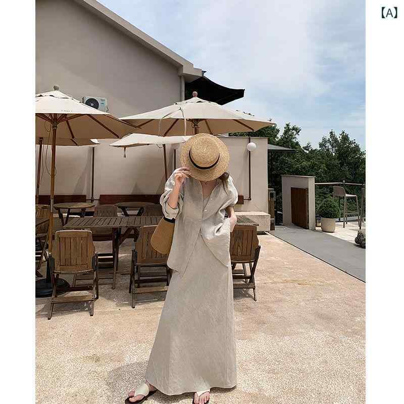 セットアップ レディース 女性用 長袖シャツ ブラウス ロングスカート マキシ丈 ゆったり ルーズフィット シンプル 襟付き 開襟 秋冬 着回し 普段使い 通勤 カジュアル 韓国ファッション ベージュ ポリエステル 快適 リラックス