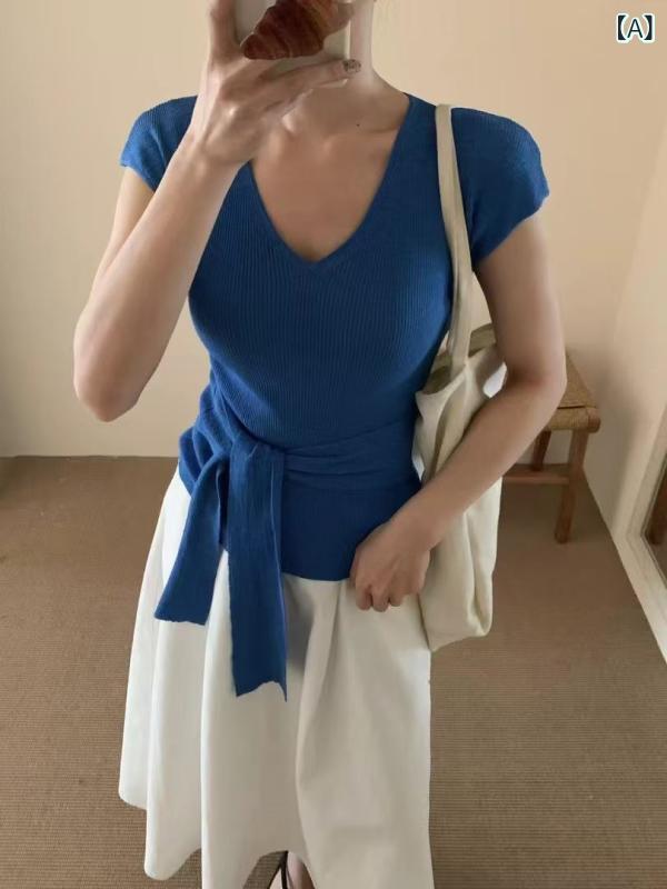 ニット レディース 秋冬 Uネック 半袖 Tシャツ トップス プルオーバー シンプル 無地 着回し スタイルアップ スリムフィット 細見え 竹繊維素材 カジュアル きれいめ ブラック ベージュ ブルー グリーン