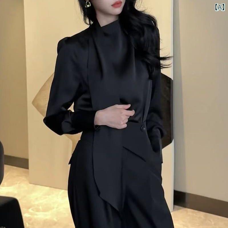 カジュアルセットアップ レディース フレンチスタイル 高級感 ポリエステル 長袖シャツ トップス ハイウエスト 細見え ワイドパンツ ブラック ホワイト 2点セット 春夏